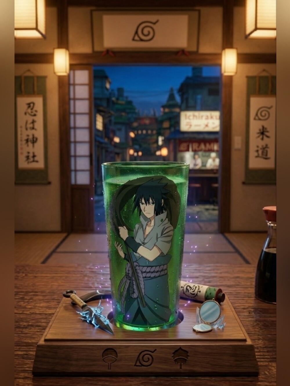Sasuke Uchiha - Naruto Green Anime Vintage Glass